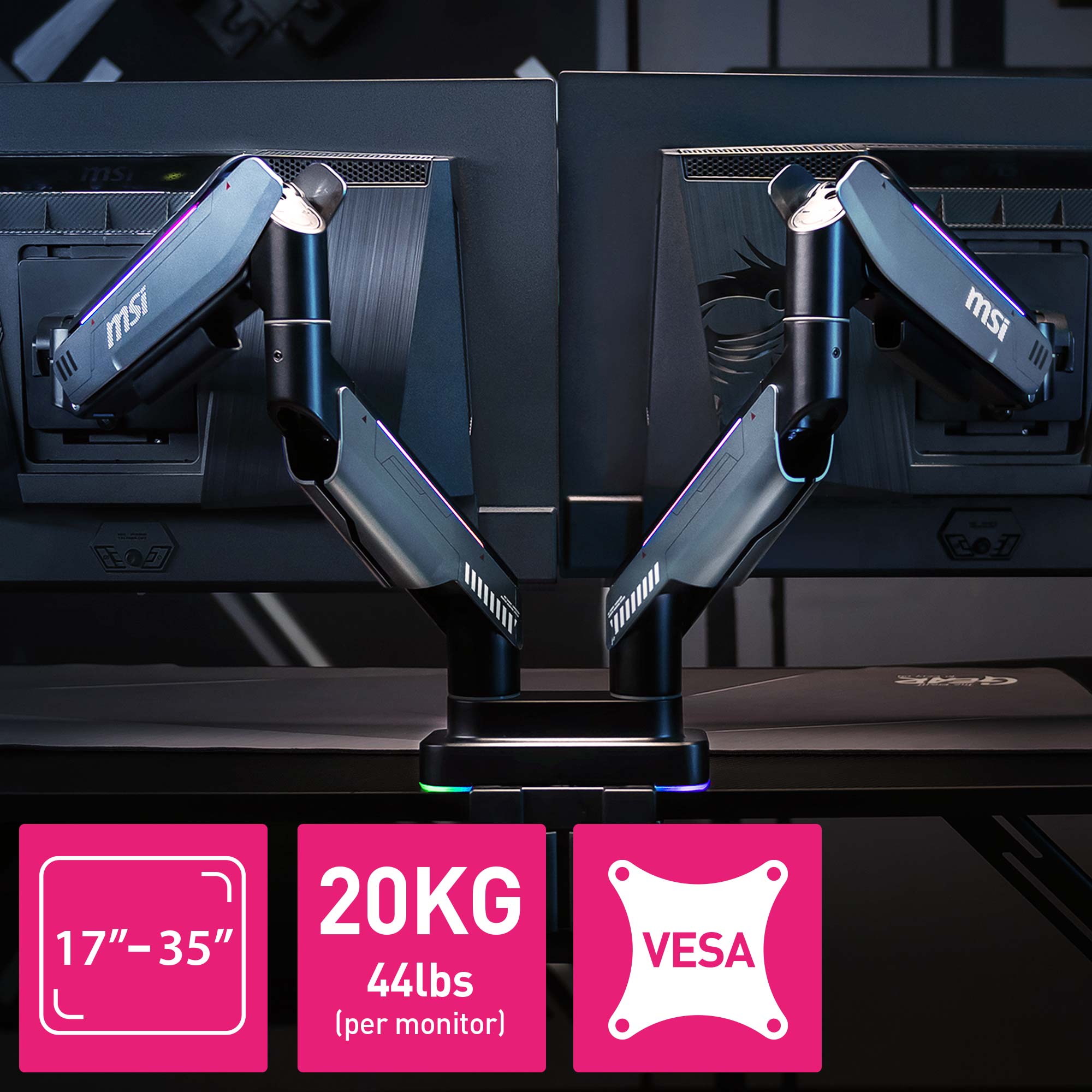 MSI MPG MT201DR - Premium RGB Dual Monitor Stand Arms, 17-35
